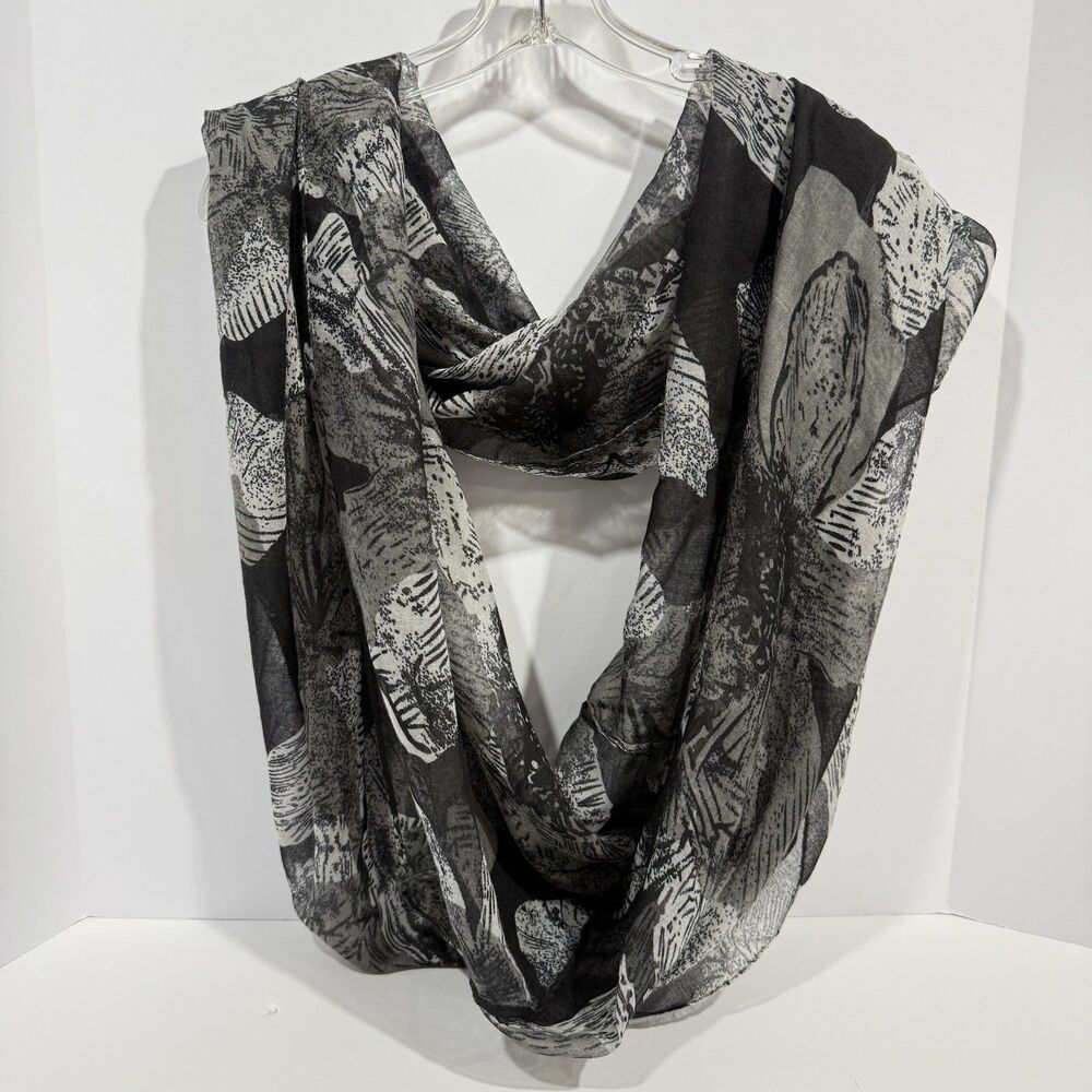 Black and Grey Abstract Floral Print Infinity Loop Scarf - Picture 2 of 11